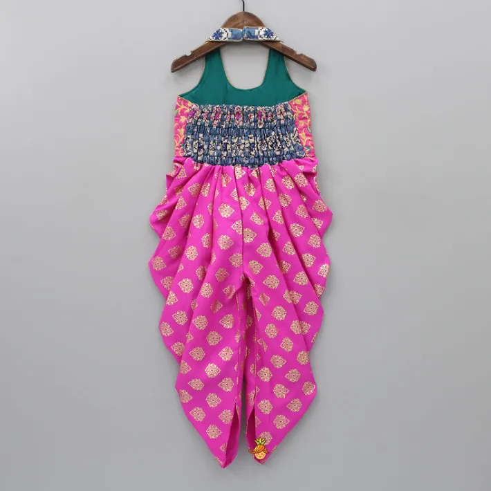 Hot Pink Halterneck Dhoti Style Printed Jumpsuit Ethnic Wear | Kurtis & Jumpsuits