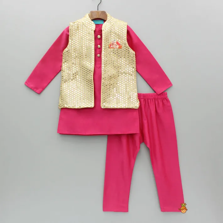 Best Pink Kurta With Faux Mirror Embroidered Jacket And Pyjama BOY Indian Ethnic Wear | Ethnic Sets