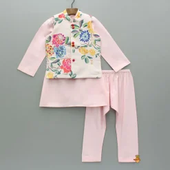Sale Pink Kurta With Hand Embroidered Floral Printed Jacket And Pyjama BOY Indian Ethnic Wear | Ethnic Sets