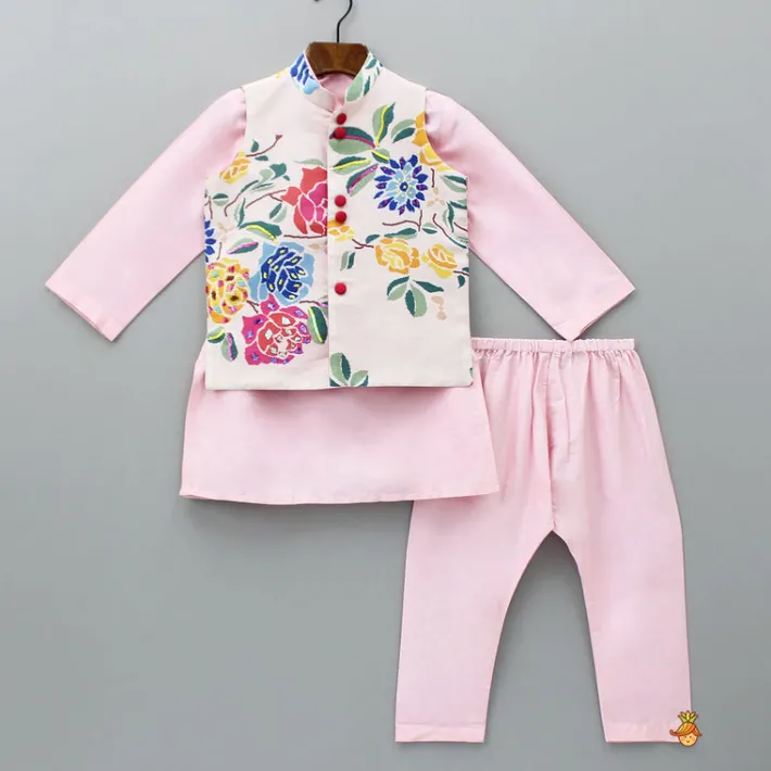 New Pink Kurta With Hand Embroidered Floral Printed Jacket And Pyjama BOY Indian Ethnic Wear | Ethnic Sets
