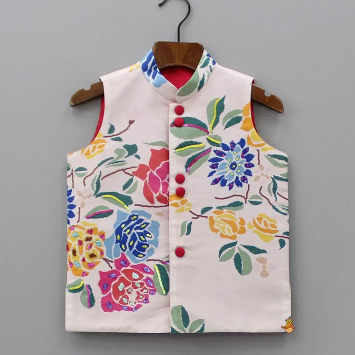 New Pink Kurta With Hand Embroidered Floral Printed Jacket And Pyjama BOY Indian Ethnic Wear | Ethnic Sets