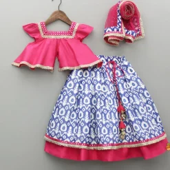 Fashion Pink Mirror Work Top With Inner And Ikat Printed Lehenga With Dupatta Twinning Sets | Ethnic Wear
