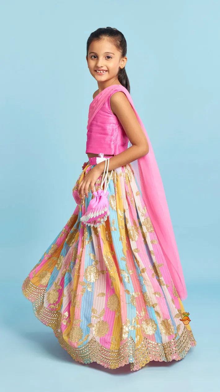Sale Pink One Shoulder Drape Style Top With Multicolour Sequins Embellished Lehenga Ethnic Wear | Lehengas & Ghagras