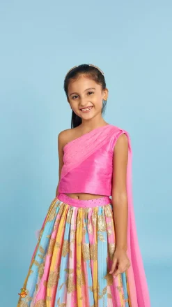 Sale Pink One Shoulder Drape Style Top With Multicolour Sequins Embellished Lehenga Ethnic Wear | Lehengas & Ghagras