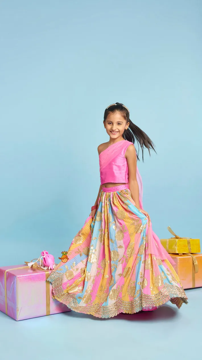 Sale Pink One Shoulder Drape Style Top With Multicolour Sequins Embellished Lehenga Ethnic Wear | Lehengas & Ghagras
