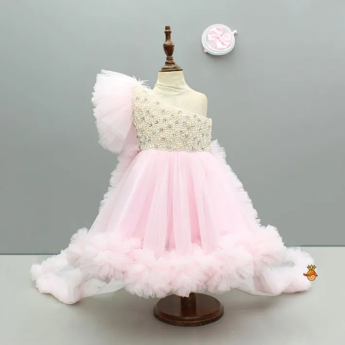 Hot Pink One Shoulder Embellished Dress With Detachable Trial And Bow With Matching Swirled Bowie Headband Dresses & Sets | Dresses