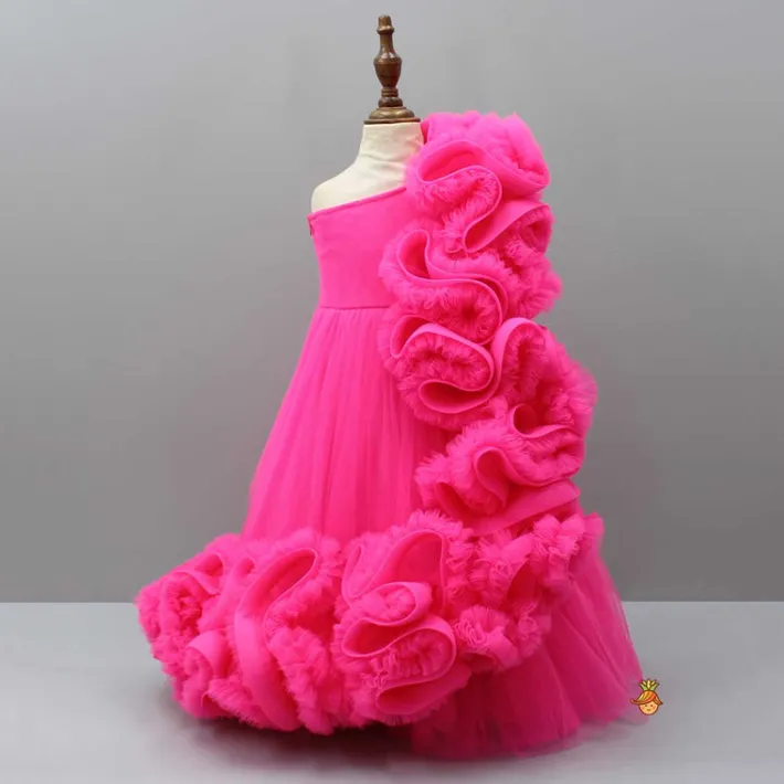 Discount Pink One Shoulder Ruffle Net Gown Dresses & Sets | Gowns