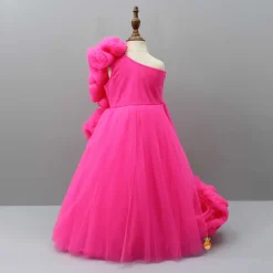 Discount Pink One Shoulder Ruffle Net Gown Dresses & Sets | Gowns