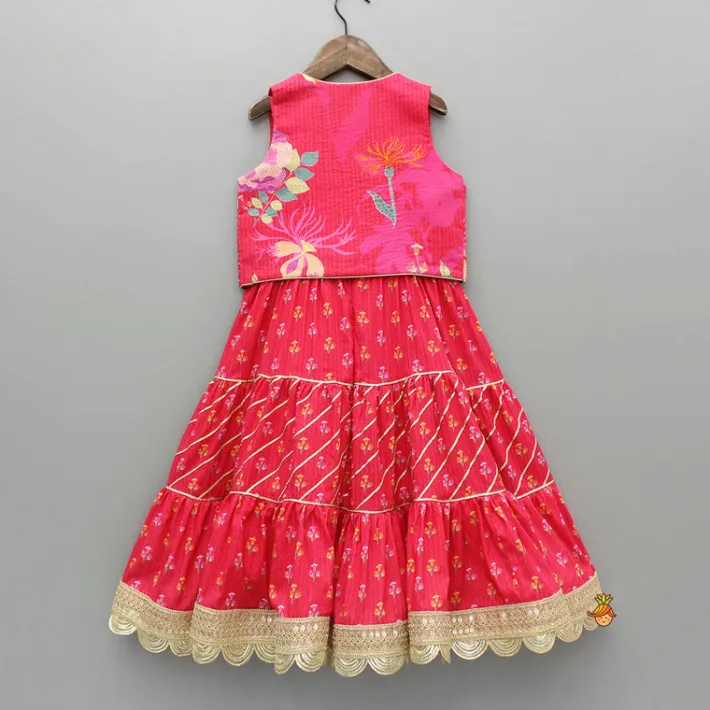 Fashion Pink Printed And Embellished Strappy Kurti With Embroidered Jacket Ethnic Wear | Kurtis & Jumpsuits