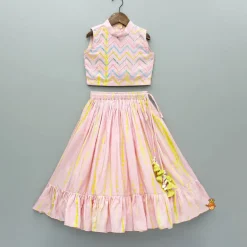 Clearance Pink Printed And Embroidered Top And Frill Lehenga Ethnic Wear | Lehengas & Ghagras