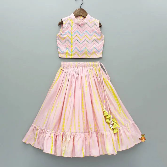 Clearance Pink Printed And Embroidered Top And Frill Lehenga Ethnic Wear | Lehengas & Ghagras