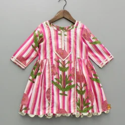 Fashion Pink Printed Gota Lace Detailed Kurti And Pant Twinning Sets | Ethnic Wear