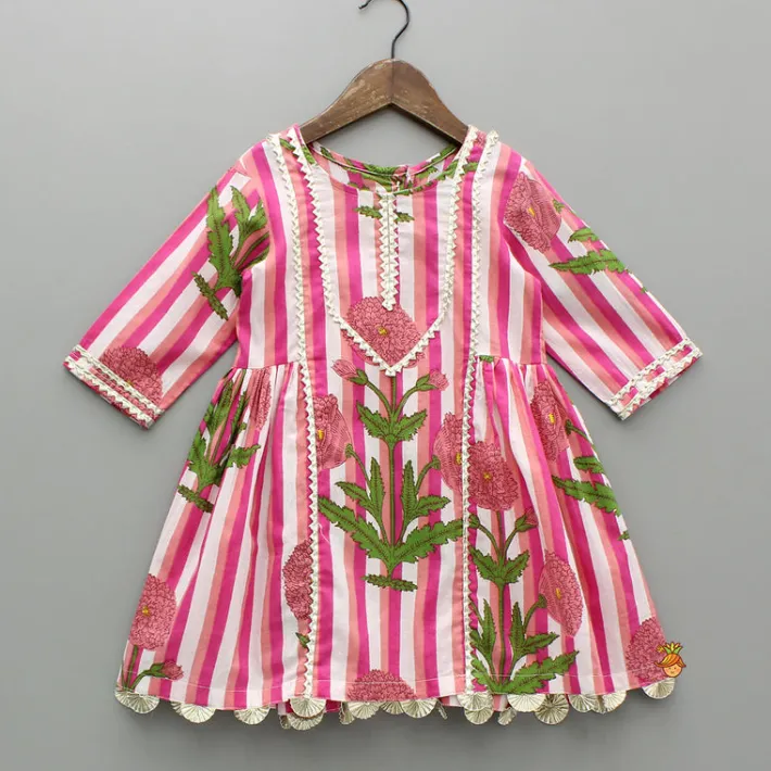 Fashion Pink Printed Gota Lace Detailed Kurti And Pant Twinning Sets | Ethnic Wear