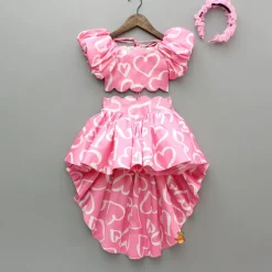 Outlet Pink Printed Smocked Top And High Low Skirt With Hairband Dresses & Sets | Sets