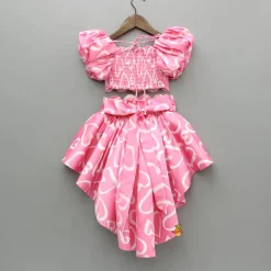 Outlet Pink Printed Smocked Top And High Low Skirt With Hairband Dresses & Sets | Sets