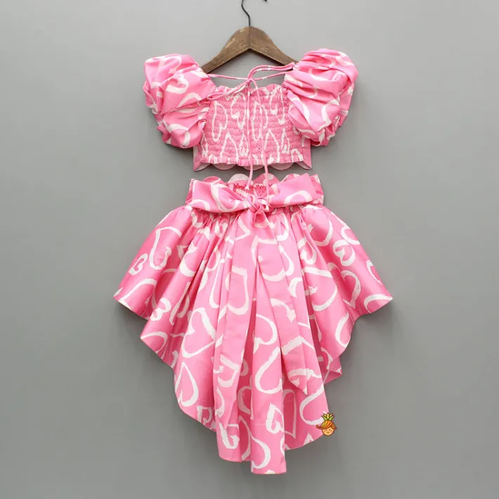 Outlet Pink Printed Smocked Top And High Low Skirt With Hairband Dresses & Sets | Sets