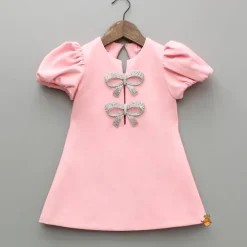 Online Pink Puff Sleeve Dress With Shiny Bowtie Embellishments Dresses & Sets | Dresses