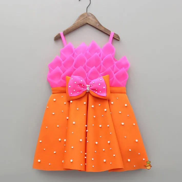 Fashion Pink Rose Petal Dual Tone Pleated Dress With Embellished Bow Dresses & Sets | Dresses