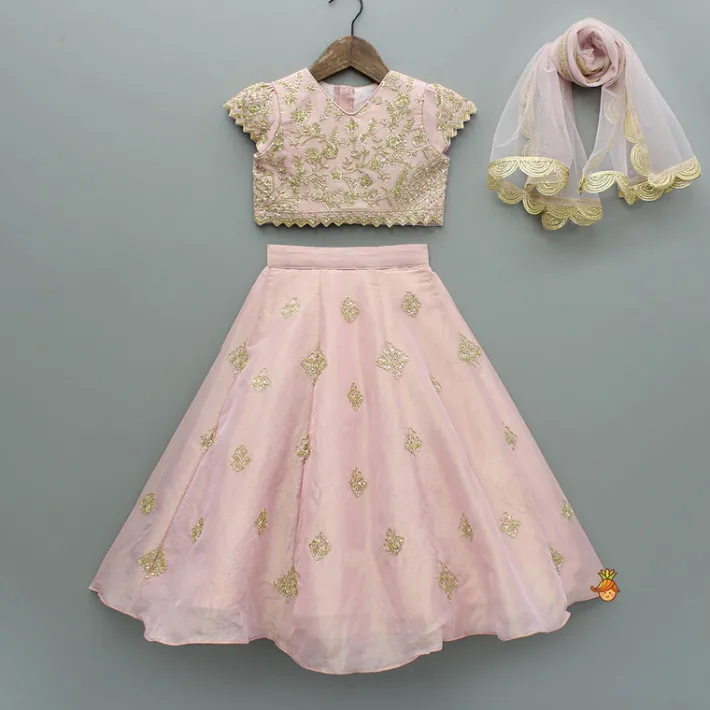 Discount Pink Shimmery Sequin Embroidered Top With Flared Lehenga And Matching Dupatta Ethnic Wear | Lehengas & Ghagras