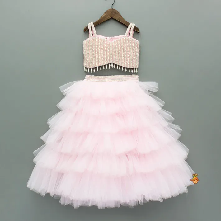 Clearance Pink Stylish Strappy Top And Ruffle Net Lehenga Ethnic Wear | Lehengas & Ghagras
