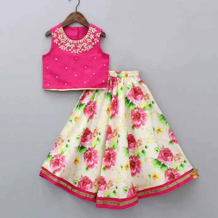 Fashion Pink Top With Floral Printed Skirt And Dupatta Ethnic Wear | Lehengas & Ghagras