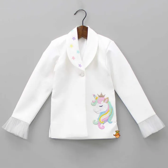 Best Pink Top With Unicorn Embroidered Scuba Blazer And Pant Dresses & Sets | Sets