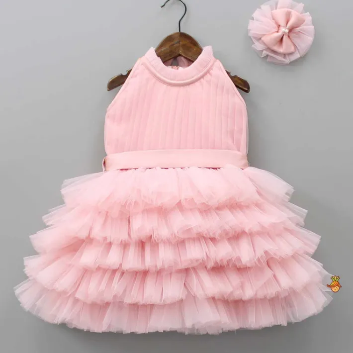 Best Pintuck Detailing And Frilly Layered Halter Neck Peach Dress With Matching Bowie Hair Band Dresses & Sets | Dresses