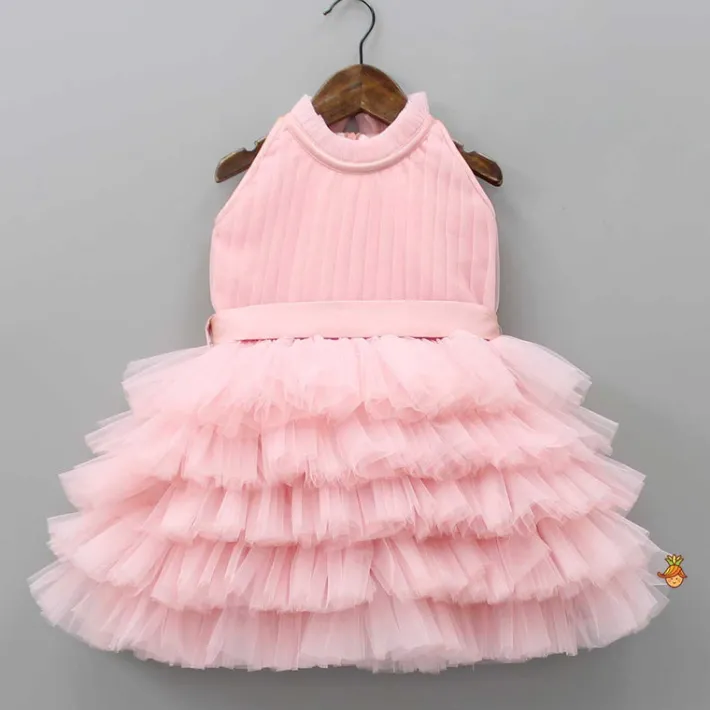 Best Pintuck Detailing And Frilly Layered Halter Neck Peach Dress With Matching Bowie Hair Band Dresses & Sets | Dresses
