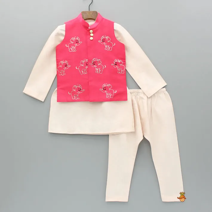 Outlet Plain Kurta With Embroidered Pink Jacket And Pyjama BOY Indian Ethnic Wear | Ethnic Sets