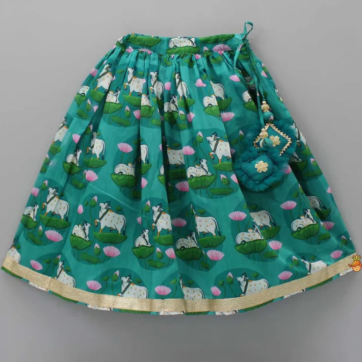 Outlet Pleated Green Top And Printed Lehenga With Sequins Lace Work Net Dupatta Ethnic Wear | Lehengas & Ghagras