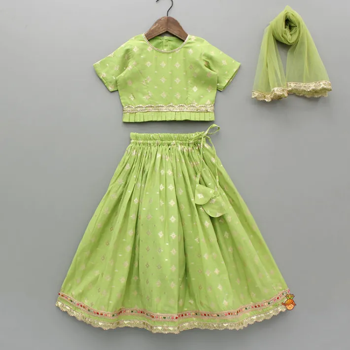 Best Pleated Hem Green Chanderi Embroidered Top And Lehenga With Net Dupatta Ethnic Wear | Lehengas & Ghagras