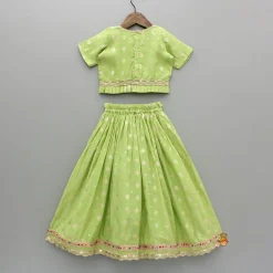 Best Pleated Hem Green Chanderi Embroidered Top And Lehenga With Net Dupatta Ethnic Wear | Lehengas & Ghagras