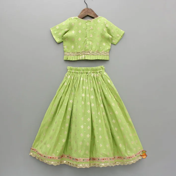 Best Pleated Hem Green Chanderi Embroidered Top And Lehenga With Net Dupatta Ethnic Wear | Lehengas & Ghagras