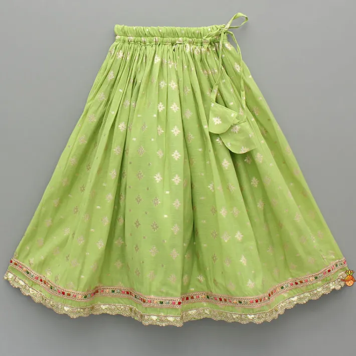Best Pleated Hem Green Chanderi Embroidered Top And Lehenga With Net Dupatta Ethnic Wear | Lehengas & Ghagras