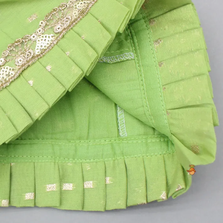 Best Pleated Hem Green Chanderi Embroidered Top And Lehenga With Net Dupatta Ethnic Wear | Lehengas & Ghagras