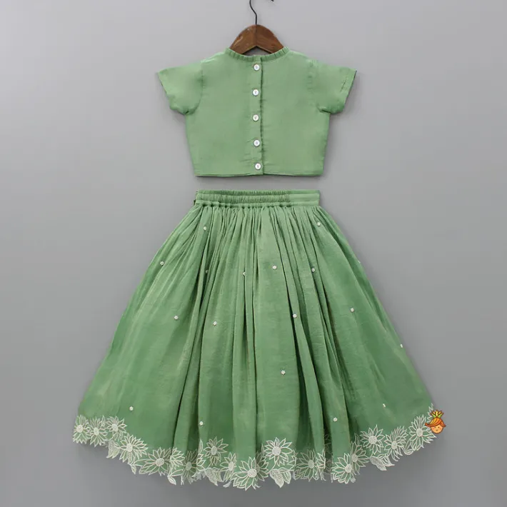 Sale Pleated Neckline Green Top And Fringes Tassels Enhanced Lehenga Ethnic Wear | Lehengas & Ghagras