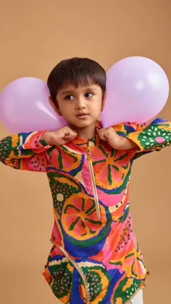 Discount Pleated Stylish Hem Multicolour Kurta And Pyjama BOY Indian Ethnic Wear | Ethnic Sets