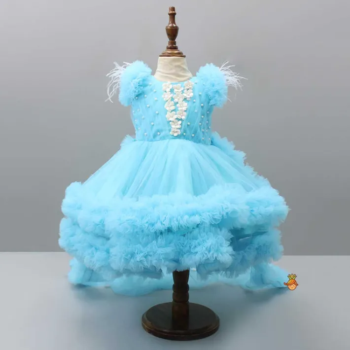 Discount Pleated Yoke Blue Dress With Detachable Trail And Matching Headband Dresses & Sets | Dresses