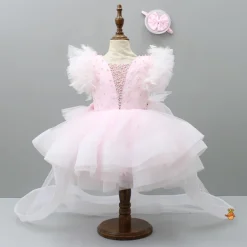 Clearance Pleated Yoke Cut-Out Back Pink Dress With Detachable Trail And Matching Headband Dresses & Sets | Dresses