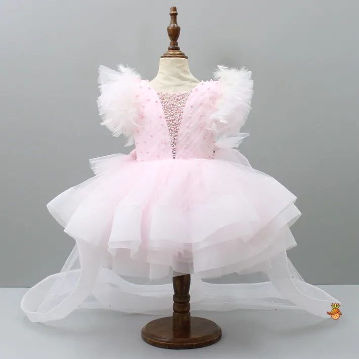 Clearance Pleated Yoke Cut-Out Back Pink Dress With Detachable Trail And Matching Headband Dresses & Sets | Dresses
