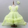 Clearance Pleated Yoke Green Dress With Detachable Trail And Matching Headband Dresses & Sets | Dresses