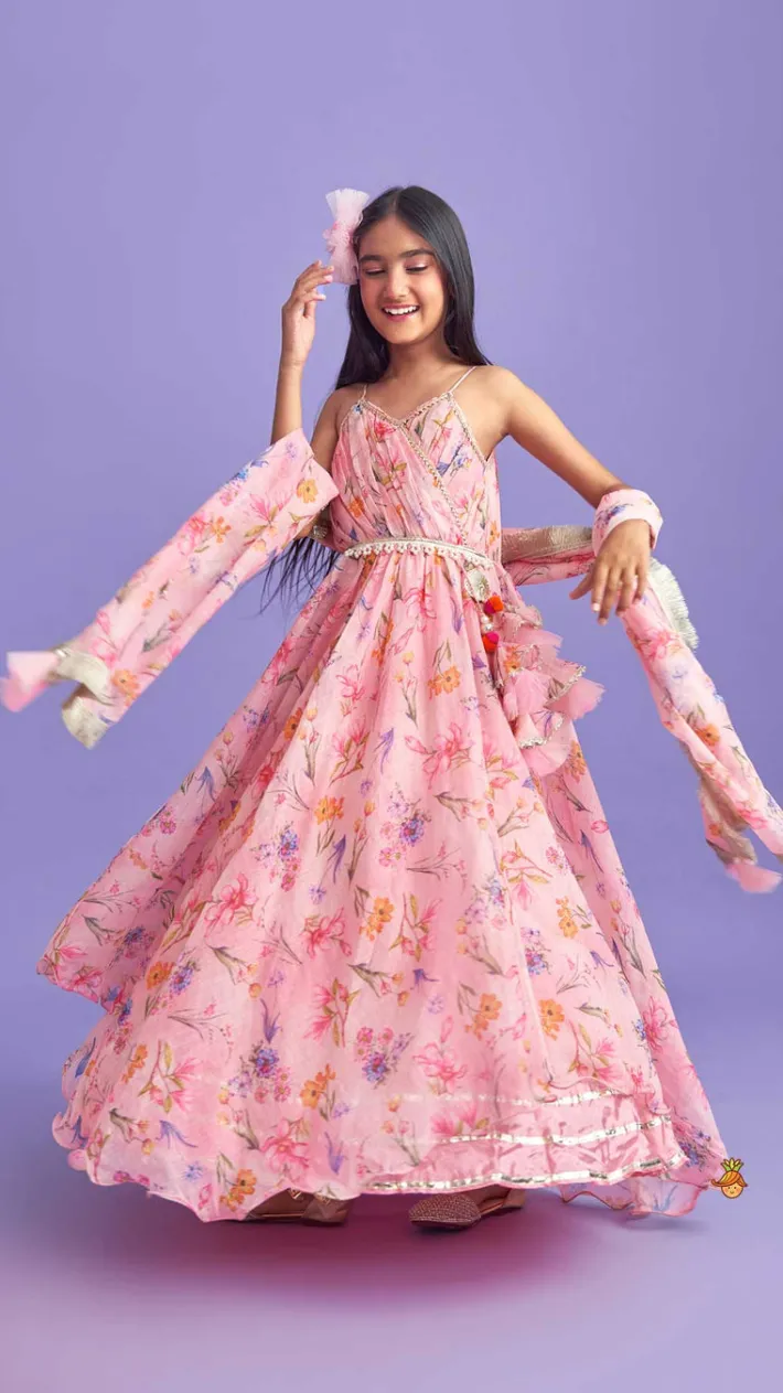 Discount Pleated Yoke Pink Asymmetric Anarkali And Fringed Dupatta Ethnic Wear | Sarees & Anarkalis