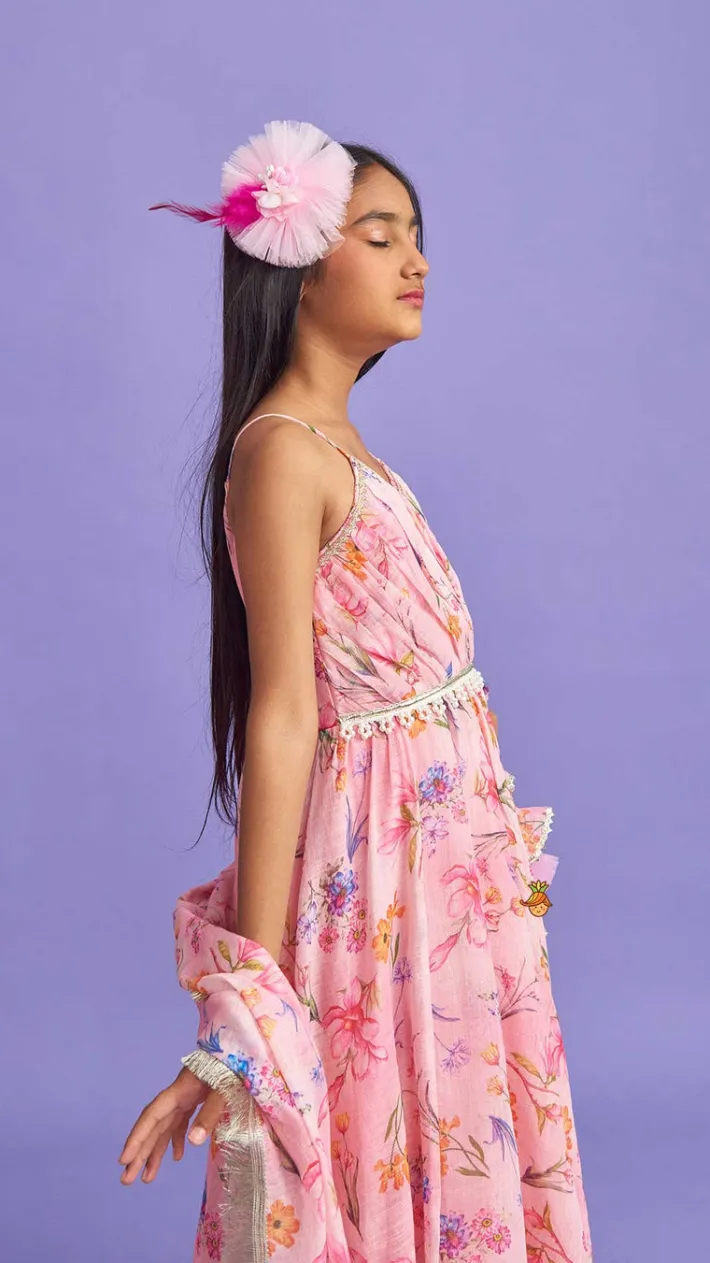 Discount Pleated Yoke Pink Asymmetric Anarkali And Fringed Dupatta Ethnic Wear | Sarees & Anarkalis