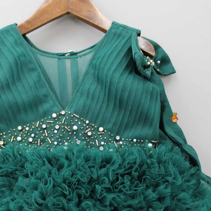 New Pleated Yoke Ruffled Green Fancy Gown Dresses & Sets | Gowns