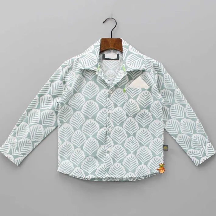Fashion Pocket Detail Printed Collar Neck Green And White Shirt BOY Twinning Sets | Shirts & Tees