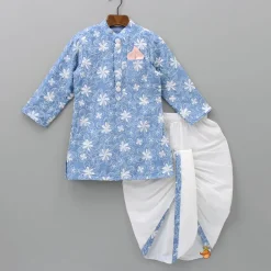 Discount Pocket Square Elegant Blue Embroidered Kurta And Dhoti BOY Indian Ethnic Wear | Ethnic Sets