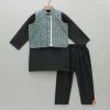 Clearance Pockets Detail Black Kurta With Printed Jacket And Pyjama BOY Twinning Sets | Indian Ethnic Wear
