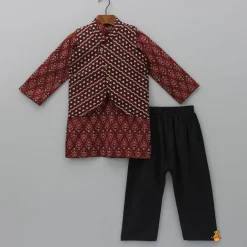 Hot Pockets Detail Brown Kurta With Stylish Hem Printed Jacket And Pyjama BOY Twinning Sets | Indian Ethnic Wear