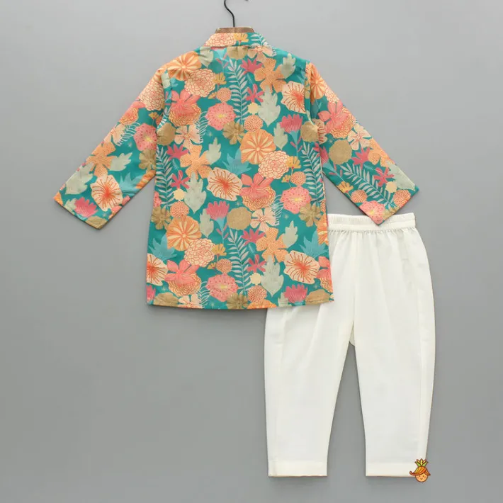 Discount Pom Poms Adorned Multicolour Kurta And Dual Pockets Detail Off White Pyjama BOY Indian Ethnic Wear | Ethnic Sets