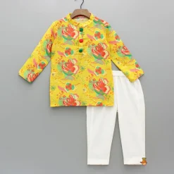 Hot Pom Poms Adorned Yellow Kurta And Pockets Detail Pyjama BOY Indian Ethnic Wear | Ethnic Sets